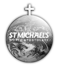 Globe with cross on top and with St Michael's World Apostolate written on globe