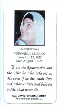 Veronica Lueken wake card, the seer of Bayside
